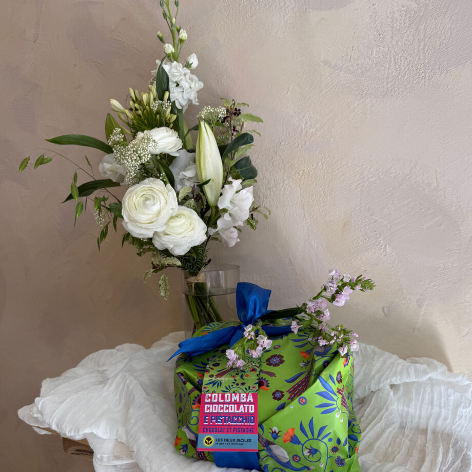 Colombe Pistache-Chocolat Blanc & Bouquet "Blanc, Vert & Infini"